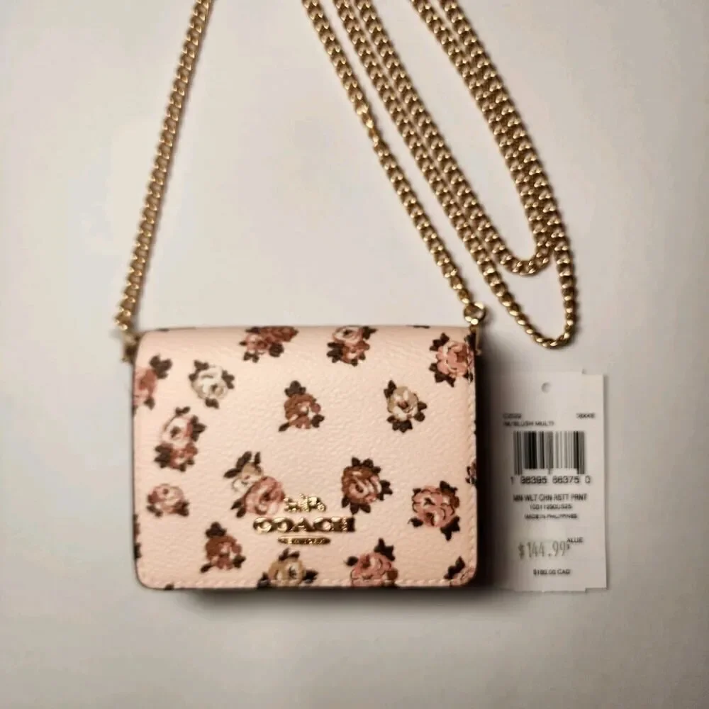 NWT COACH CZ022 Mini Leather Wallet On Chain Blush Pink Roses Rosette